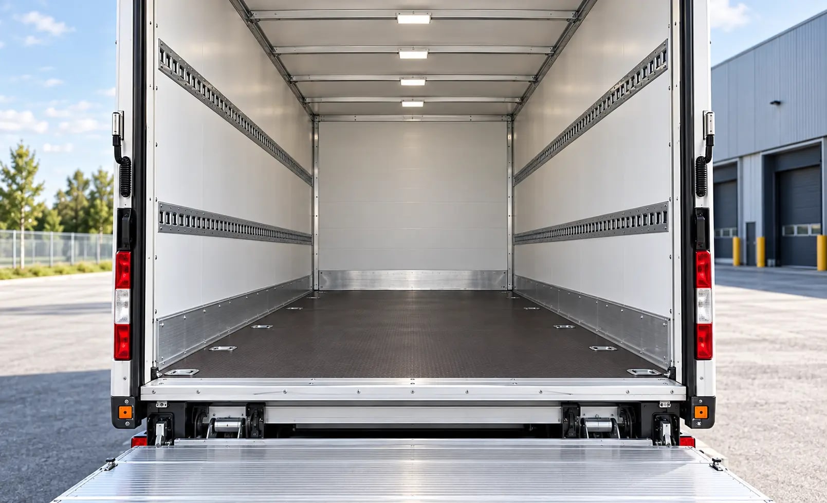 Leerer Kofferinnenraum des VW Crafter mit seitlichen Stäbchenzurrschienen